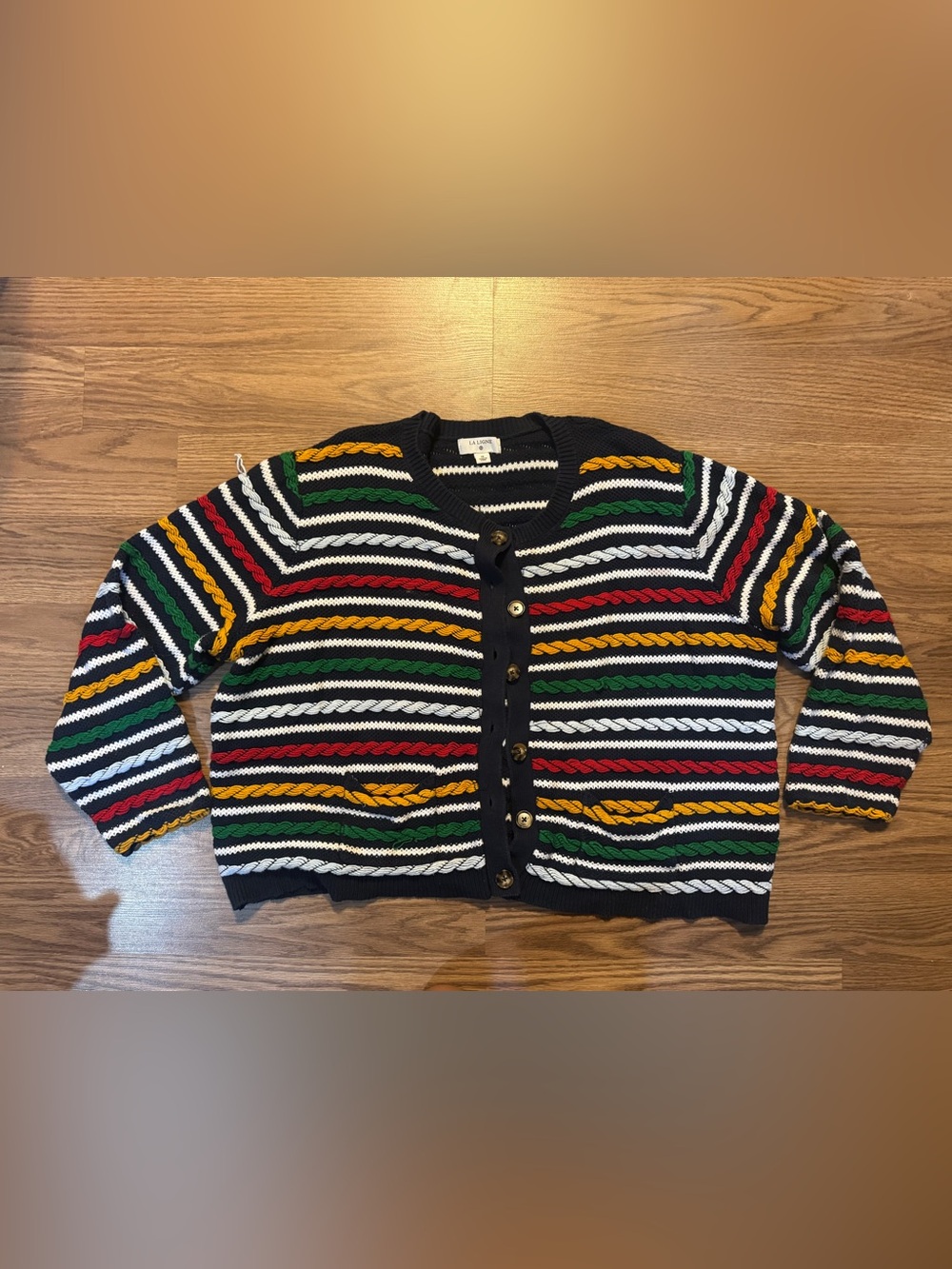 La Ligne Navy Sweater with Green, White & Gold Accent Stitching